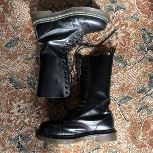 Black Lace-Up Combat Boots with Yellow Welt Stitching